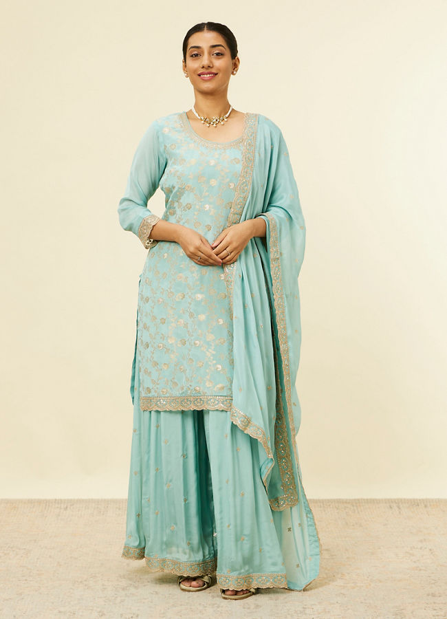 alt message - Mohey Women Light Blue Bel Buti Jaal Patterned Palazzo Suit image number 0